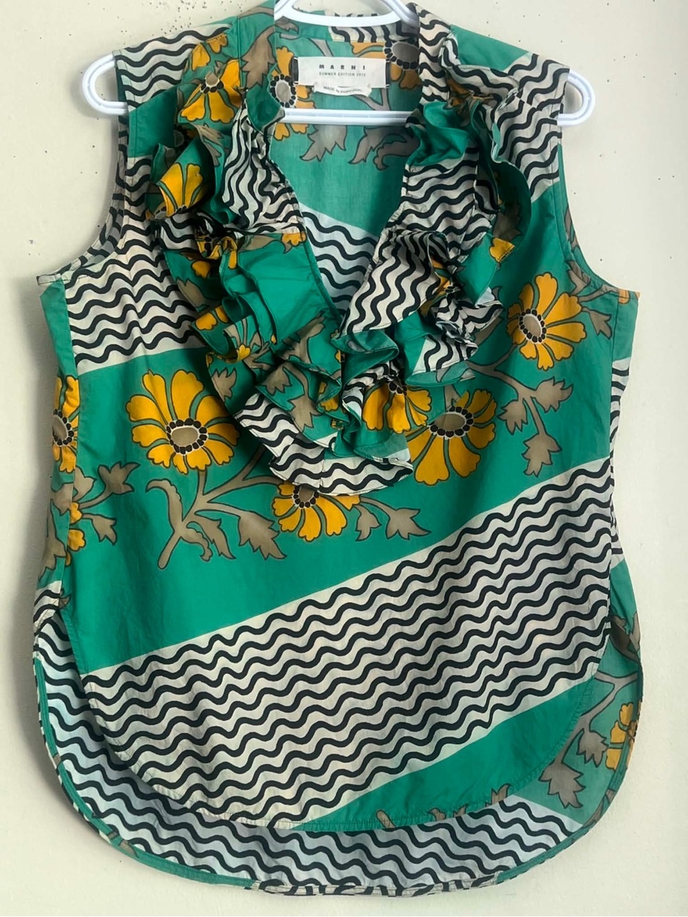 Marni Teal and Yellow Floral Ruffle-Neck Sleeveless Top